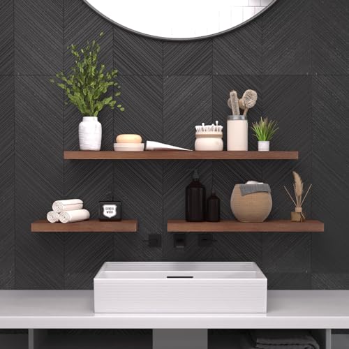 SAUMONIERES Floating Wall Shelves for Bedroom Bathroom Wall Mounted Solid Wood Shelf 24 Inch Set of 3, Walnut Floating Shelves - color: Walnut, size: 24 Inch-3 shelves