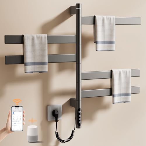 Smart Rotating Heated Towel Rack, 5-Bar Wall-Mounted, Gray | Electric Towel Warmer for Bathroom, Swivel Bars, Wi-Fi App Control, 1-24H Timer, 115-155°F, 120W, IPX5, Plug-In or Hardwired - color: Gray 17.72"x26.77"