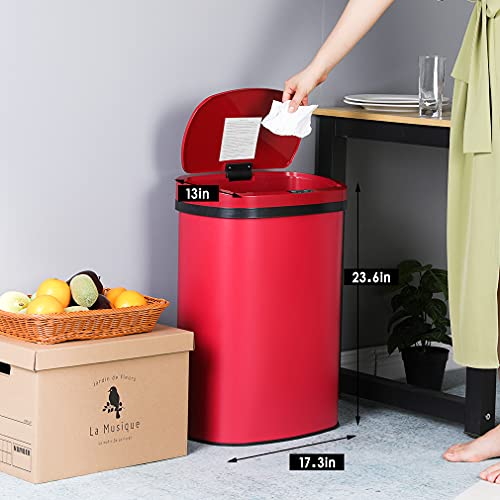 13 Gallon 50 Liter Garbage Can Kitchen Trash Can with Lid Automatic Sensor Touch Free Stainless Steel Waste Bin for Bathroom Bedroom Home Office,Red - color: Red, style: Stainless Steel