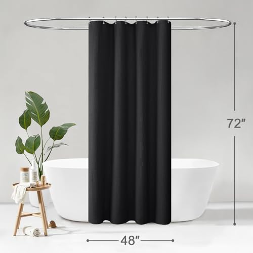 Stall Waffle Weave Shower Curtain Heavyweight Cotton Fabric Black 48Wx72L | Soft Cotton Cloth,3D Square Truely Waffle,Washable, Hotel Luxury Spa, Shower Curtains for Narrow Bathroom 12 Plastic Hooks - color: Black, size: Small Stall 48"W x 72"L