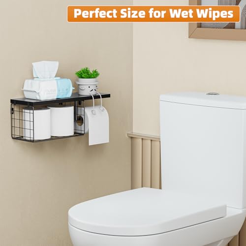 VITVITI Toilet Paper Holder with Shelf, Wall Mounted Storage Basket, Black | Farmhouse Wall Mount Toilet Paper Holder Shelves, Wood Metal Toilet Roll Wipes Holder for Bathroom - color: Black