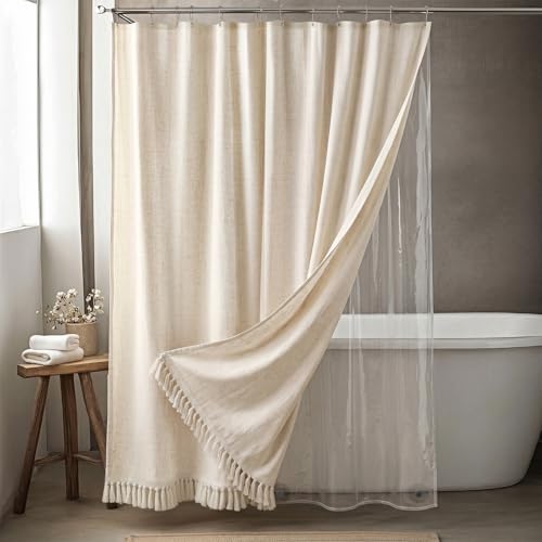 3 in 1 Linen Shower Curtain with Liner and 12 Double Glide Hooks 72 x 72 | Thick linen-poly blend, detachable waterproof liner, smooth-glide hardware, textured boho finish for a complete setup