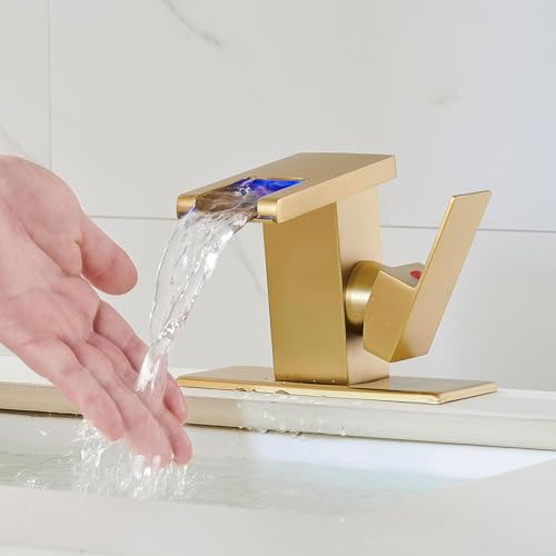 AVSIILE LED Bathroom Sink Faucet, Brushed Gold Waterfall Single Hole Handle Vanity Faucets for Sinks 1 Hole with Metal Pop Up Drain and 2 Water Supply Lines, Side Handle - color: Brushed Gold
