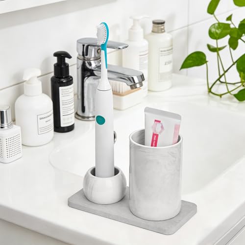 Ceramic Toothbrush Holder & Toothbrush Cup with Diatomite Tray for Bathroom, Bathroom Tumbler Cups Reusable Toothbrush Mouthwash Cup, Shower Counter Storage Organizer (Grey) - color: Grey Combination