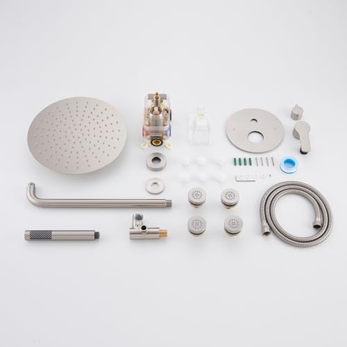 Iriber Brushed Nickel Round Rain Shower System with 4 PCS Body Jets 3 Function Shower Faucet Set Contain 12 Inch Shower Head and Handheld Wall Mounted Pressure Balance Shower Trim Kit (Valve Included) - color: Brushed Nickel 04