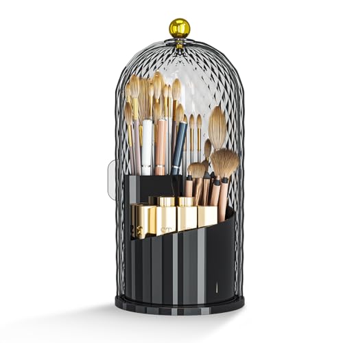 Dustproof Toothbrush Holder with Lid, 360 Rotating Countertop Electric Toothbrush Toothpaste Holders with Cover for Bathroom, 3 Slots Makeup Brush Holder with Lid for Vanity, Black - color: Dia Black