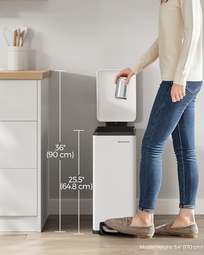 SONGMICS Slim Trash Can, 13-Gallon (50 L) Garbage Can for Narrow Spaces with Soft-Close Lid, Inner Bucket, and Step-on Pedal, Stainless Steel, 15 Trash Bags Included, White ULTB510W48 - color: White, style: 13 Gal.
