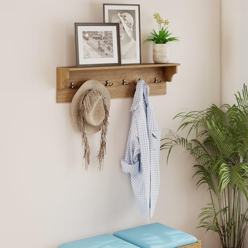GIANTEX Coat Rack Wall Mount, 31.5" Wooden Coat Hooks with Shelf, Natural | Wall Clothes Rack w/ 6 Dual Hooks for Hats Towels Purses Robes, Floating Display Shelf for Living Room Bedroom Entryway - color: Natural