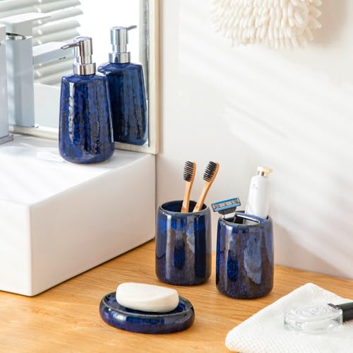vancasso Blue Bathroom Accessories Set, Ceramic Soap Dispenser and Toothbrush Holder Sets, Stoneware 4 Pcs Bathroom Sink Set for Modern Home Decor, Series Starry - style: Blue