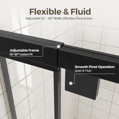 56-60" W x 72" H Semi-Frameless Pivot Swing Shower Doors | 1/4" (6mm) Clear SGCC Tempered Glass with a 24.8" walk-in opening, Matte Black Finish, Reversible, Magnetic Closing - color: Matte Black, size: 56"- 60"
