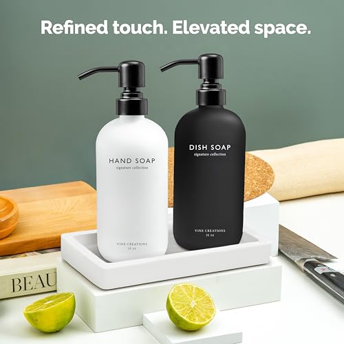Vine Creations Glass Soap Dispenser Set, Kitchen Soap Dispenser Set with Ceramic Tray, 16 oz Dish Soap and Hand Soap Dispensers with Stainless Steel Pump Decor (White and Black Bottles/Matte Black) - color: Black and White Bottle / Matte Black Pump