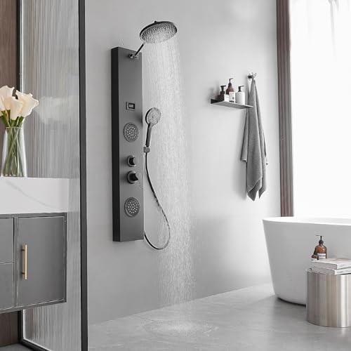 Shower Panel Shower Tower System, 9 Inch Rainfall Shower Head Round, Stainless Steel with Massage Body Jets Adjustable, Temperature Display, Stand Shower Column Wall Mount, Black