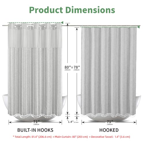 eachope No Hook Long Shower Curtain Set with Snap-in Fabric Liner,Linen Ultra Thick Fabric with Tassels,Boho Chic Modern Farmhouse Country Neutral Cloth Shower Curtains for Bathroom,Grey/Gray,71x80 | Linen Texture,230GSM Thick Fabric,Hotel Luxury Decor,Me