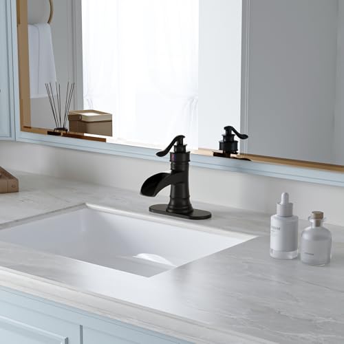 BWE Brass Matte Black Waterfall Bathroom Faucet for Farmhouse & Classic | Wide Waterfall Spout, Ceramic Cartridge, Fits 1 or 3-Hole Sink, Single Handle, Handware Included, Easy Install - color: Black