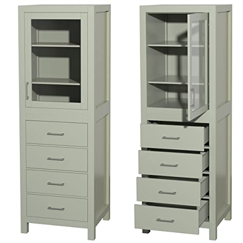 Wyndham Collection Sheffield 24 Inch Linen Tower in Light Green with Shelved Cabinet Storage and 4 Drawers