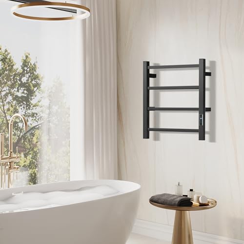 HARNDY Electric Towel Rack with Voice Control for Alexa & Google Home,TUYA - Wall-Mounted Bathroom Heating Towel Warmer,Plug-in,Stainless Steel Material (Square Black with Timer, 4 Bar) - color: Square Black With Timer, size: 4 Bar
