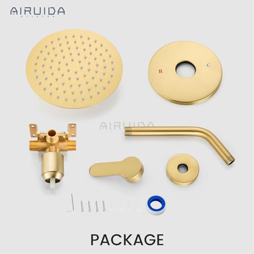 Airuida Shower Faucet Set,8 Inch Brushed Gold Shower Trim Kit | Round Rainfall Shower Head,Single Handle,Male Threads Rough-in Valve,Wall Mount Bathroom System - color: Gold, size: 8 Inch
