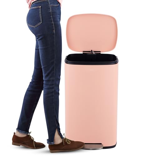 happimess Curtis 8 Gal Step Trash Can Soft Close 25", Flamingo Pink | Iron Construction, Satin Finish, Removable Liner, Steel Pedal, 20 Trash Bags Included, Kitchen Office Bin - color: Flamingo Pink