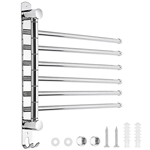6-Arm Swivel Towel Bar, 180°Rotating Towel Rack Wall Mounted, 304 Stainless Steel Rustproof Heavy Duty Towel Holder for Bathroom Kitchen Laundry Room, Space Saving, Brushed Nickel Finish - color: Silver, size: 6 Arms
