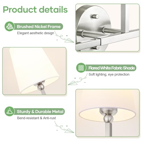 MOKATNG Bathroom Light Fixtures, 3-Light Brushed Nickel Vanity Lights, Bathroom Lighting Fixtures Over Mirror with Flared White Fabric Shade, Modern Wall Sconces for Living Room Hallway - color: Brushed Nickel & White Shade