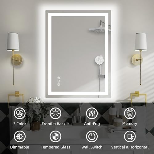 36"x 30" LED Bathroom Mirror with Lights, Smart Dimmable Vanity Mirrors for Wall, Anti-Fog, Dimmable, Backlit + Front Lit, Memory Shatterproof Smart Mirror for Bathroom (Horizontal/Vertical) | Front & Backlit, Memory Function, HD Tempered Glass Vanity Mir