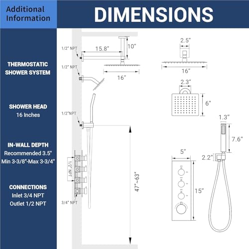 16" Thermostatic Dual Rainfall Head Shower System with Handheld & Valve, 16” Ceiling Shower Faucet Set with 6-Inch Shower Head, JetsBath Matte Black Full Body Shower System for Couples/ 2-Person - color: Matte Black