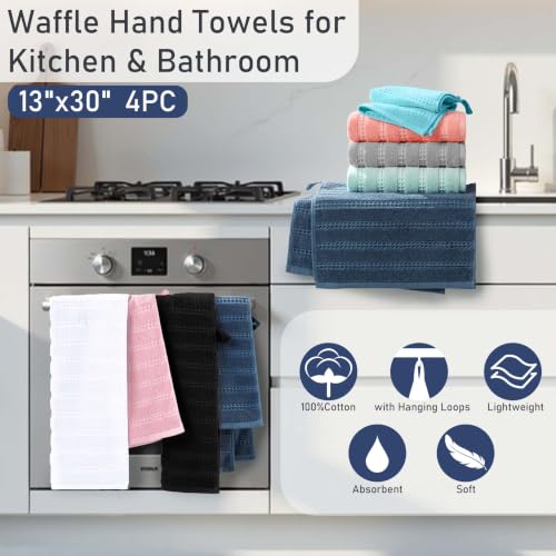 VOOVA & MOVAS Hand Towels 4PC,13"x30", 100% Cotton,with Loop,Pink | Waffle Weave Fabric, Soft Lightweight & Absorbing, Quick Dry & Non-fading, Unshrinkable - color: Babypink
