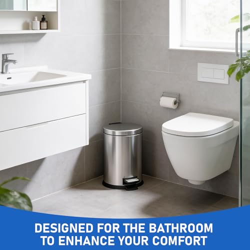 SIMPLYKLEEN Bathroom Trash Can with Lid - 2PC 1.3 Gallon Oval Small Trash Can with Soft-Close Lid, Foot Pedal, Brushed Stainless Steel, Removable Liner, Garbage can for Kitchen, Office (Gold+ Silver) - color: Gold+Silver, size: 5L Oval 2PC