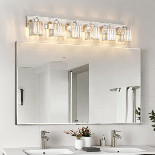 Modern Vanity Light 6-Lights Brushed Nickel Vanity Light Crystal Bathroom Wall Light Bathroom Light Fixtures - color: Nickel Straight, size: 6-light