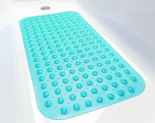 Large Non-Slip Bathtub & Shower Mat 31”x16” (Smooth/Non-Textured Tubs Only) Safe, Clean, Machine-Washable, Superior Grip&Drainage, Vinyl, Transparent Turquoise - color: Transparent Turquoise (Green-blue), size: Large (31"x16")