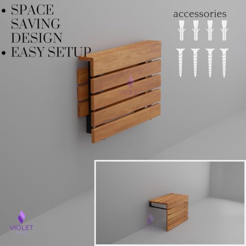 20" Folding Wall Mounted Handmade Teak Wood Large Shower Seat with Legs, ADA Compliant Durable Bath Bench, Sturdy Space-Saving Bathroom Stool, Water-Resistant Compact Chair (Natural, Extra Large) - color: Natural