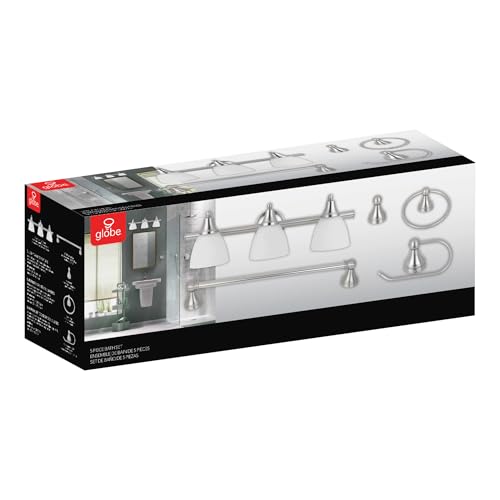 Globe Electric 50700 3-Light Vanity All-in-One Bathroom Set, 5 Piece Brushed Steel Finish, 70, Bulb Not Included - color: Brushed Steel