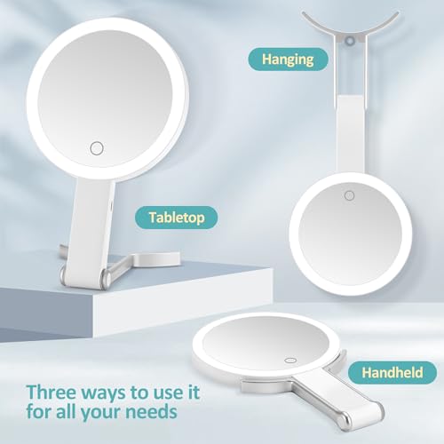 30x/1x Magnifying Travel Mirror with Light, Double-Sided Rechargeable Adjustable Brightness 3 Colour Lighting, Folding, Handheld/Hangable/Tabletop, 3 Ways Using Mirror, White - color: White-travel