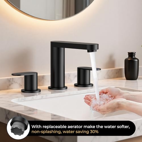 QFN Bathroom Faucet 3 Hole 8 Inch Widespread Vanity Sink Faucet Matte Black | 304 Stainless Steel Bathroom Sink Faucet with Pop-up Drain, 6-12 Inch 3 Hole Install, for RV Laundry Farmhouse Restroom Sink - color: Matte Black, style: Round