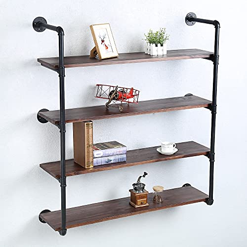 Industrial Pipe Shelves With Wood Planks,Rustic Pipe Shelving Wall Shelf | Metal Pipe Solid Pine Wood,Easy to Assemble,Wooden Board Thickness 0.78 In,For Bar Farmhouse Kitchen Office Bathroom,Bedroom - color: 4-layer, size: 42in