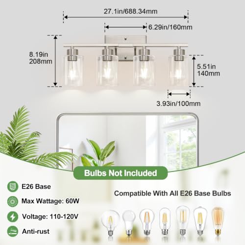 4-Light Brushed Nickel Bathroom Vanity Light with Clear Glass Shades - color: Brushed Nickel, size: 4-light
