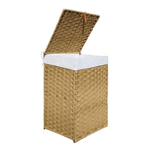 Wicker Laundry Hamper with Lid,24Gal (90 L) Rattan Laundry Basket 2 Sections with Lid, Removable Machine Washable Line, Large Clothes Hamper with Handles for Bathroom Bedroom, Yellow - color: Yellow, size: 90L