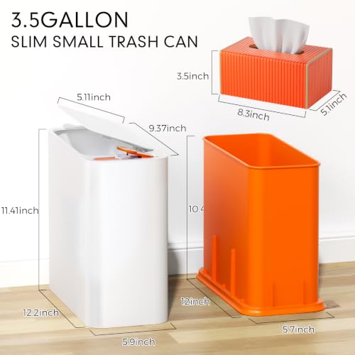 Bathroom Trash Can with Lid and Tissue Box Cover Set 13 L/ 3.5 Gallon Orange and White Trash Can with Pop-Up Lid Small Garbage Can with for Bathroom Bedroom Office Kitchen - color: Orange & Gold