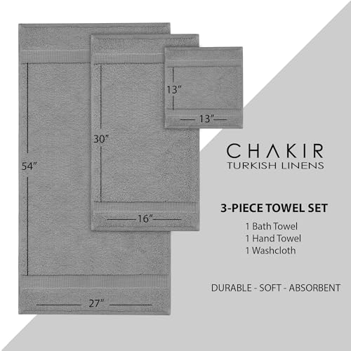 Chakir Turkish Linens Personalized 3 Piece Towel Set, 100% Cotton Luxury Turkish Towels for Bathroom, Soft Absorbent Towel Set with Bath Towel Hand Towel and Washcloth, Gray - color: Gray