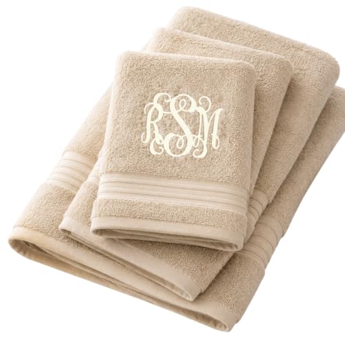 Monogrammed Towel Set, Bath Towel & Two Hand Towels - color: Beige