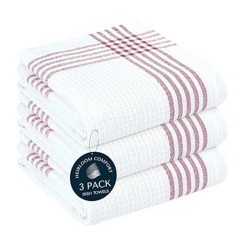 Burgundy and White Waffle Kitchen Towels 3 Pack, 100% Cotton, 16x26 Inch, Absorbent, Quick Dry, Durable Dishcloths for Wiping, Cleaning, Machine Washable, Kitchen, and Cooking Use - color: Burgundy Wine, White, style: 3 Pack