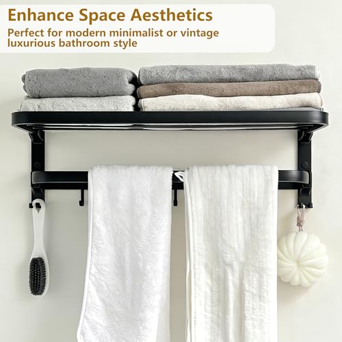 24in Towel Racks Shelf for Bathroom Wall Mounted Organizer for Hotel,Black | Double Space Saving Foldable Rustproof Painted Aluminum L-Shape Modern - size: 1 Tier