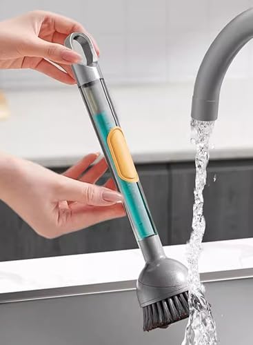 Soap Dispensing Dish Brush with Handle, 360° Rotating Head, 5-Piece Kitchen Cleaning Set (2 Brush Heads & 3 Sponges), Non-Scratch Scrubber for Pot, Pan, Sink, Leak-Proof Dishwand, Grey - color: Gray