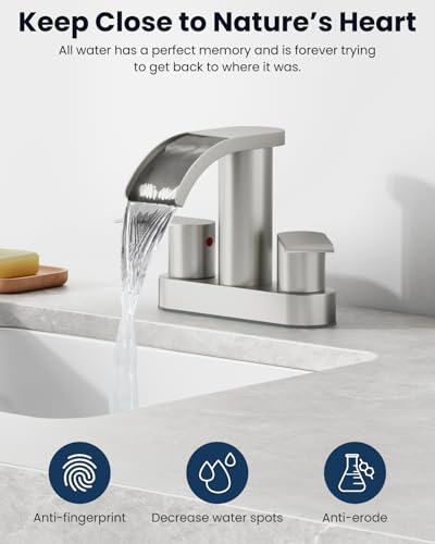 gotonovo 4’’ Centerset Bathroom Sink Faucet Waterfall Brushed Nickel | SUS304 Bathroom Faucet,2.17’’ Wide Spout,24’’ cUPC Water Line,Pop up Drain,2 Handle,Basin,Vanity,RV,Lavatory 2 or 3 Hole Sink - color: Nickel