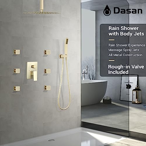 DASAN Full Body Shower System with 6 PCS Body Spray Jets & 12'' Rain Shower Head & Handheld, Ceiling Mount Rain Shower System Brushed Gold Shower Faucets Sets Complete with Valve, SA-SS03ABG-S12C - color: Brushed Gold