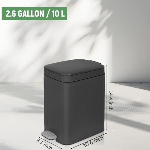 rejomiik Small Bathroom Trash Can with Lid Slim Soft Close Garbage Can Step Wastebasket Container Trash Bin for Office Bedroom Kitchen Living Room (2.6 Gallon Dark Gray) | Garbage Can with Pedal for Office, Bedroom, Kitchen & Living Room, Narrow Plastic W