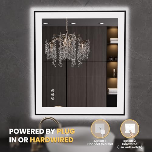 LOAAO 28"X32" LED Bathroom Mirror Black Framed | Anti-Fog, Dimmable, Memory Function, Tempered Glass, Lighted Vanity Mirror for Wall - size: 28"L x 32"W