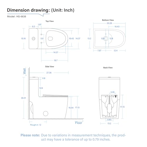 HEATGENE One Piece Toilet with Soft Close Seat, Dual Flush (0.9/1.3GPF) High-Efficiency Modern Bathroom Toilet Bowl with 17.13" Comfortable Seat Height, 12" Rough-In, White, HG-6636