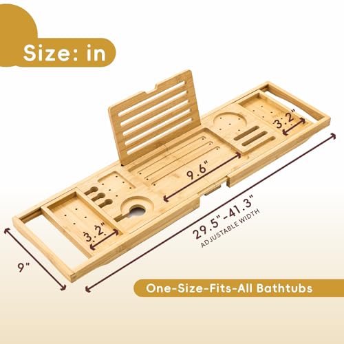 Bamboo Bathtub Tray, Expandable Foldable Bath Caddy, Natural | 29-42“ Bath Shelf Over Tub with Phone, Tablet & Wine Holders, Locking Design for Spa Bathroom Accessories & Gifts - color: A-natural