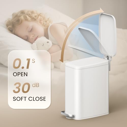 Cesun Slim Bathroom Trash Can with Lid, Soft Close, White, 6L/1.6 Gallon | Hidden Trash Bag Design, Small, Stainless Steel, Removable Inner Bucket, Foot Pedal, Odor Control, for RV/Office/Bedroom - color: White